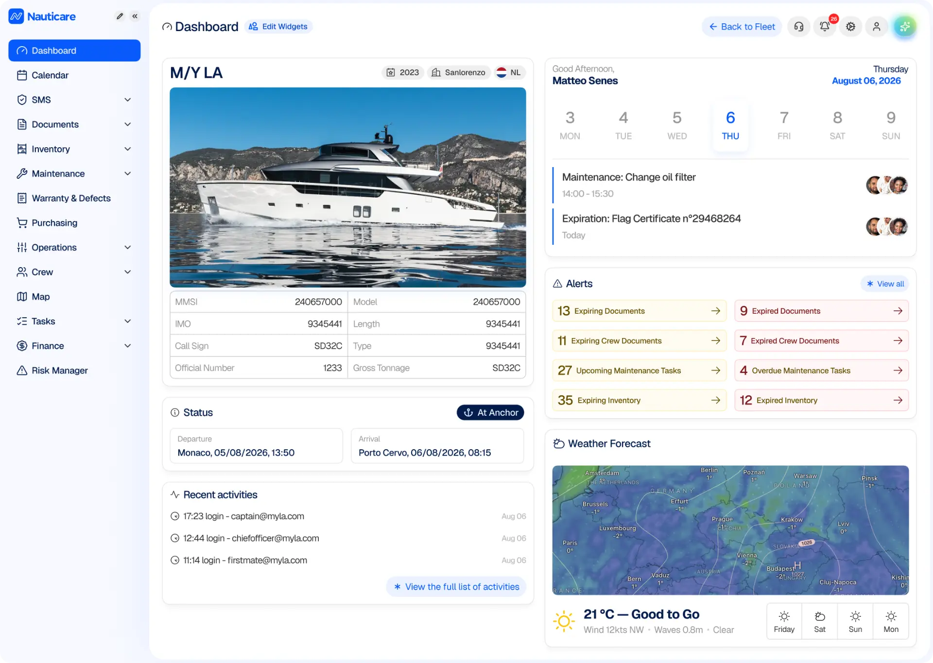 Nauticare vessel dashboard with vessel profile, live status, maintenance and document alerts and the weather forecast