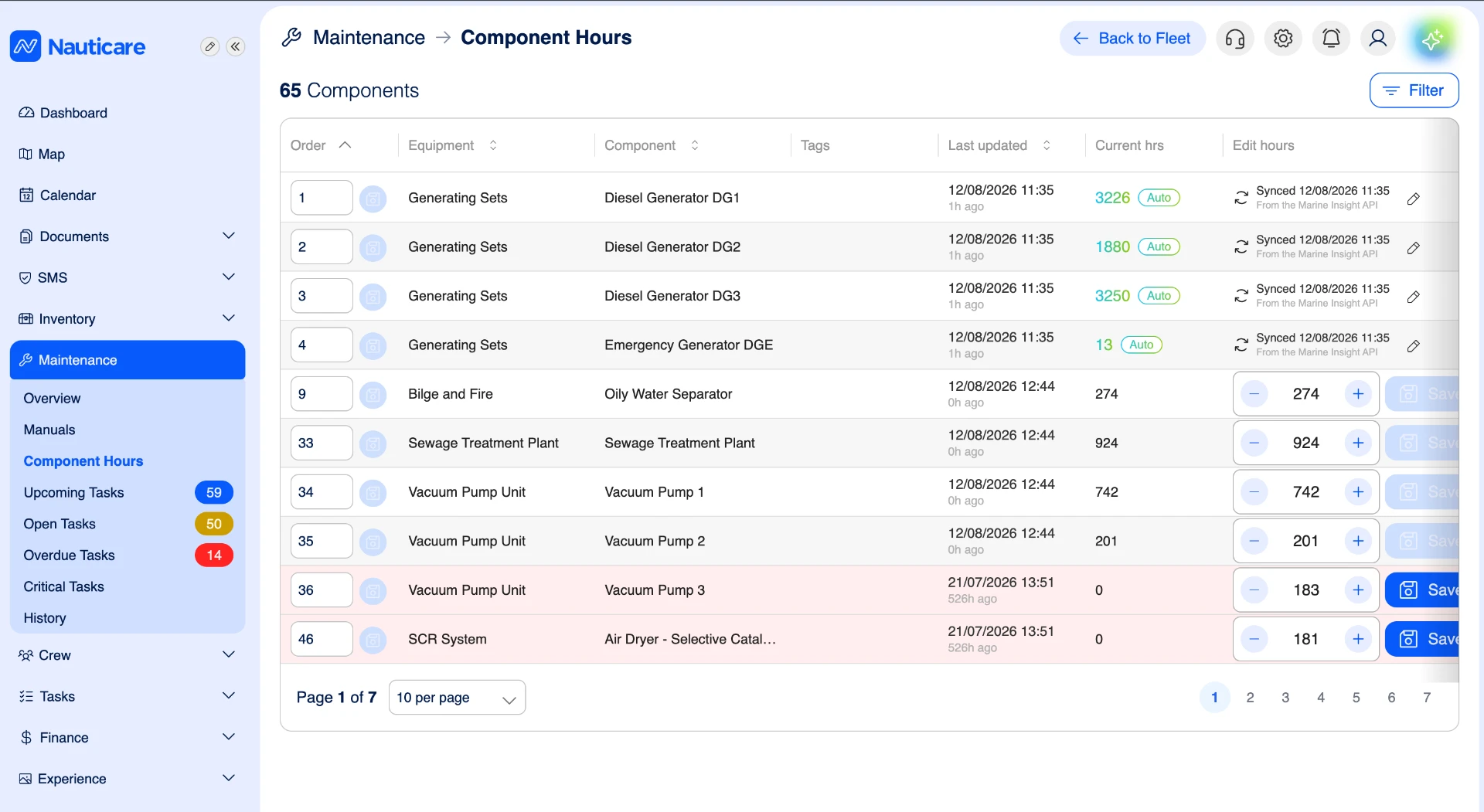 Nauticare component hours table synced automatically from Marine Insights