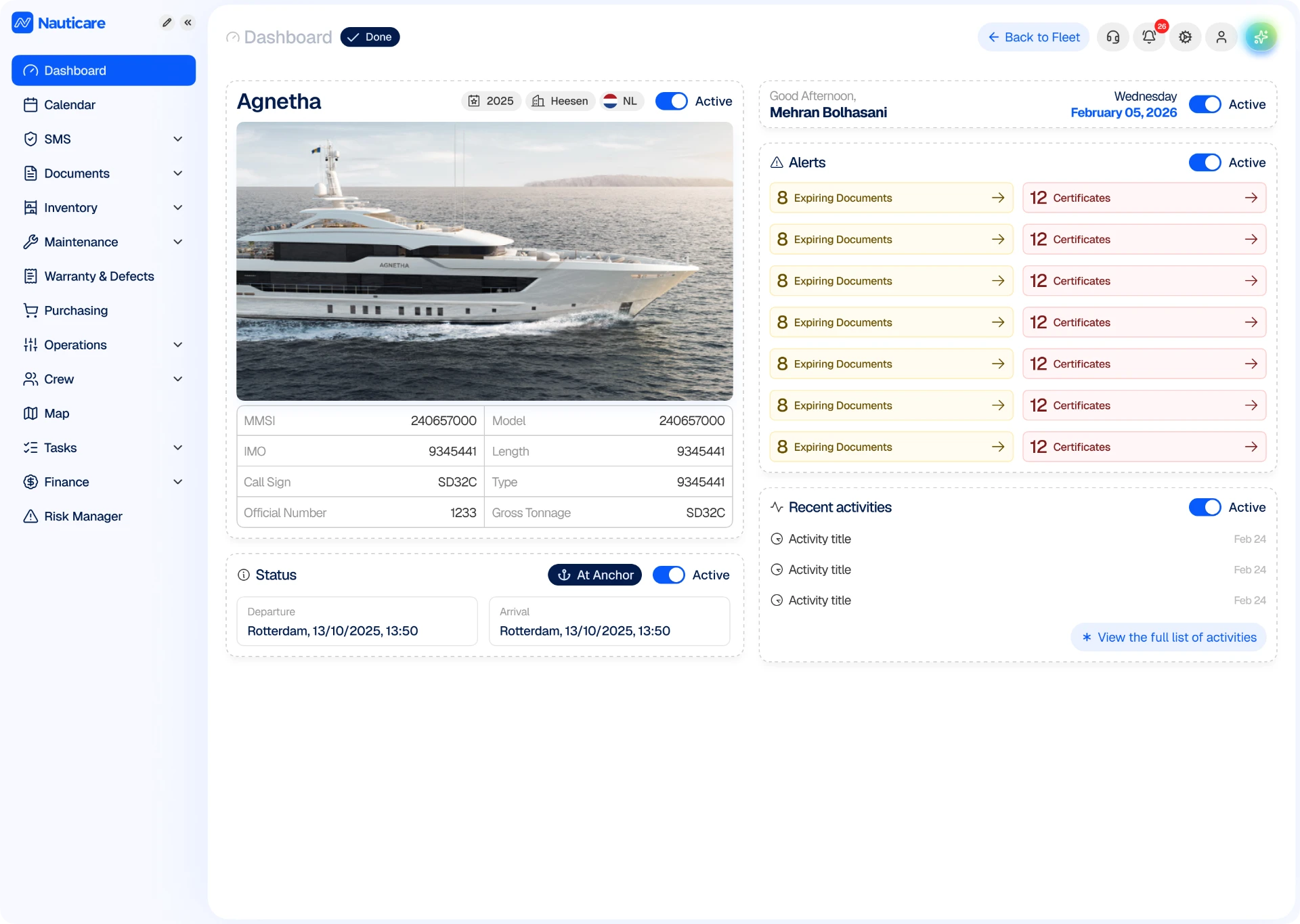 Nauticare vessel dashboard for the yacht Agnetha with profile, live status, document and certificate alerts and recent activities