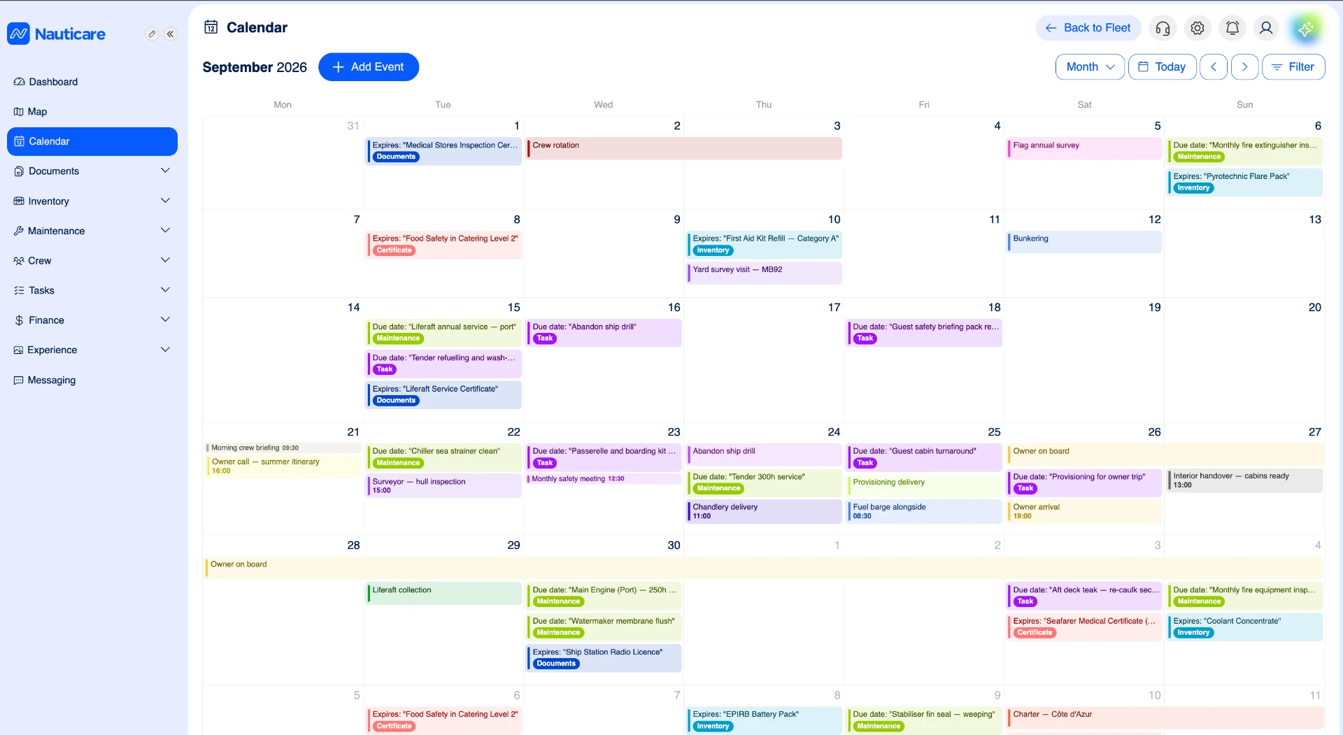 Nauticare vessel calendar with maintenance, inspections, surveys and crew rotations in one month view