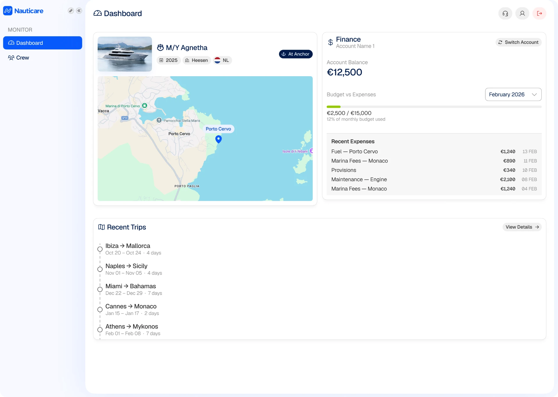 Nauticare owner dashboard showing yacht location, finances and recent trips