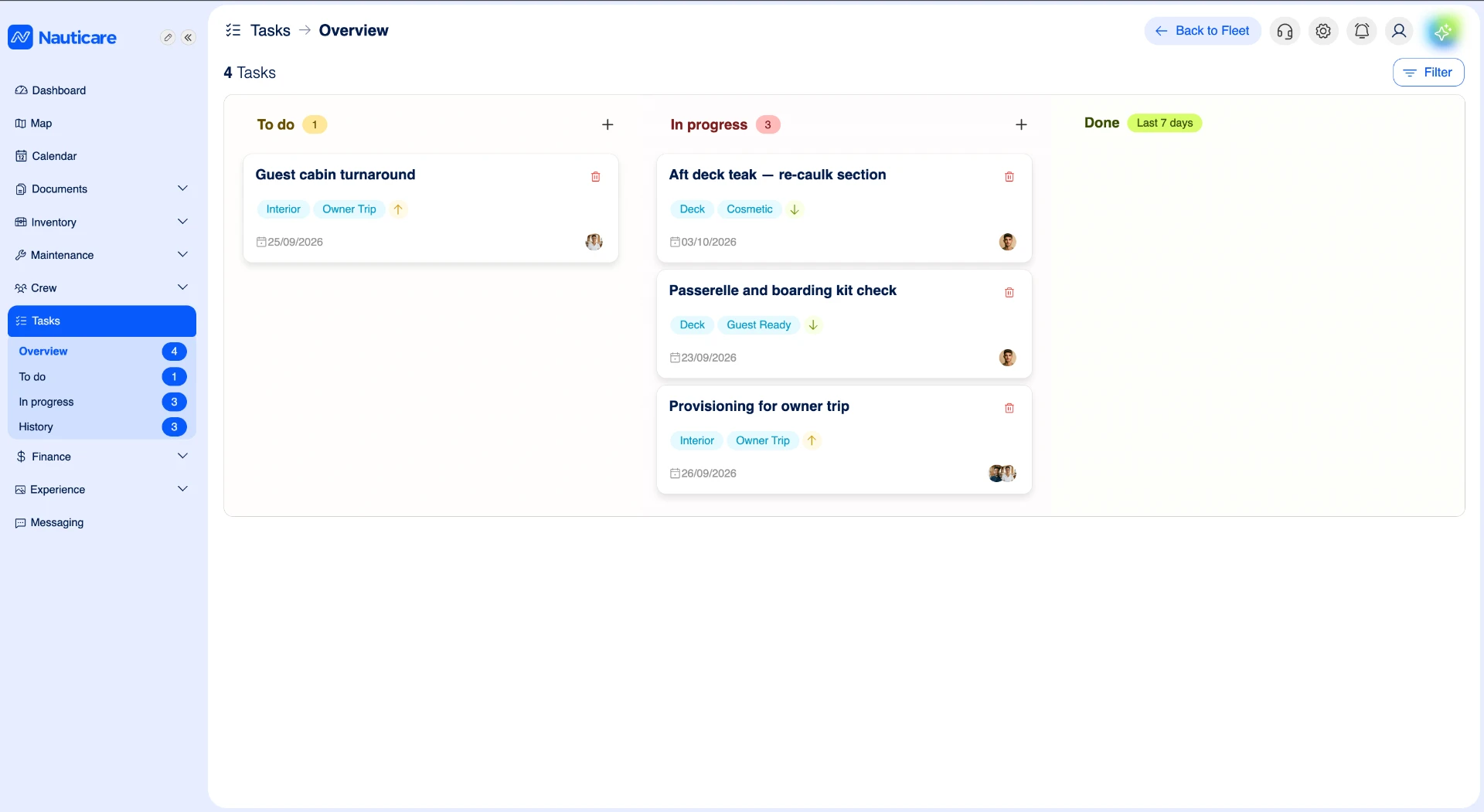 Nauticare tasks board with to do, in progress and done columns, each task tagged, dated and assigned