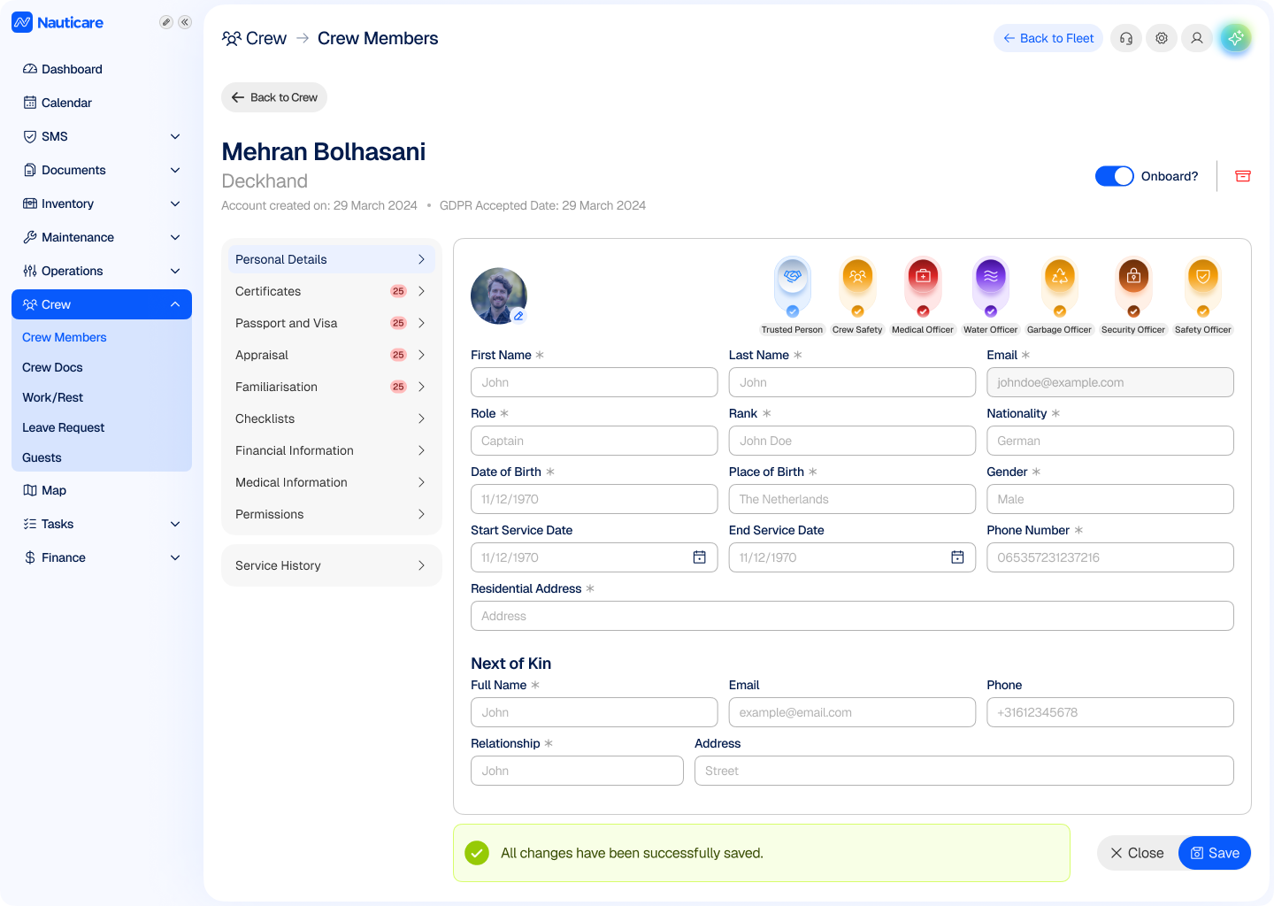 Crew member profile with documents, certificates and expiry tracking