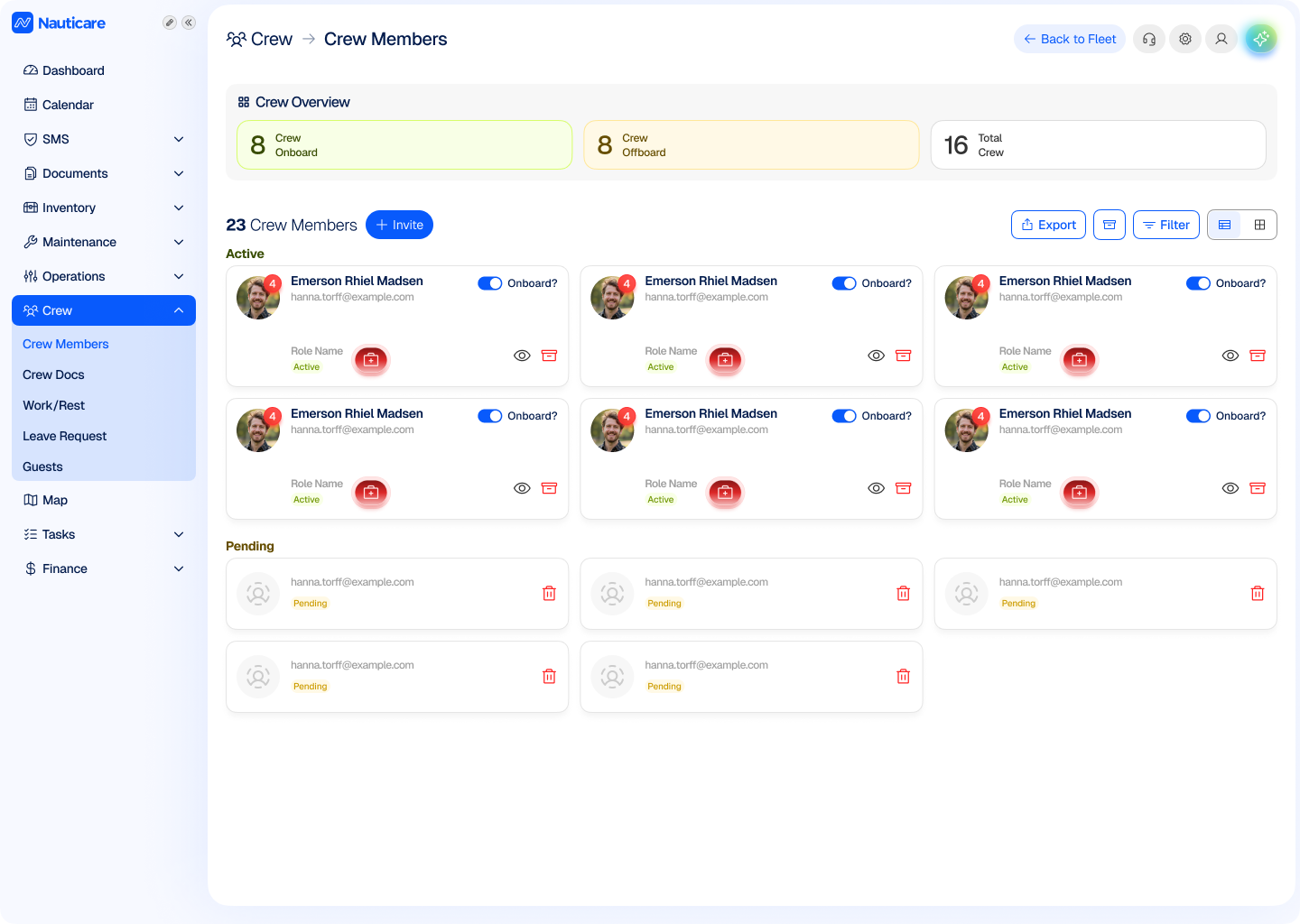 Crew list with roles, on-board status and certification alerts