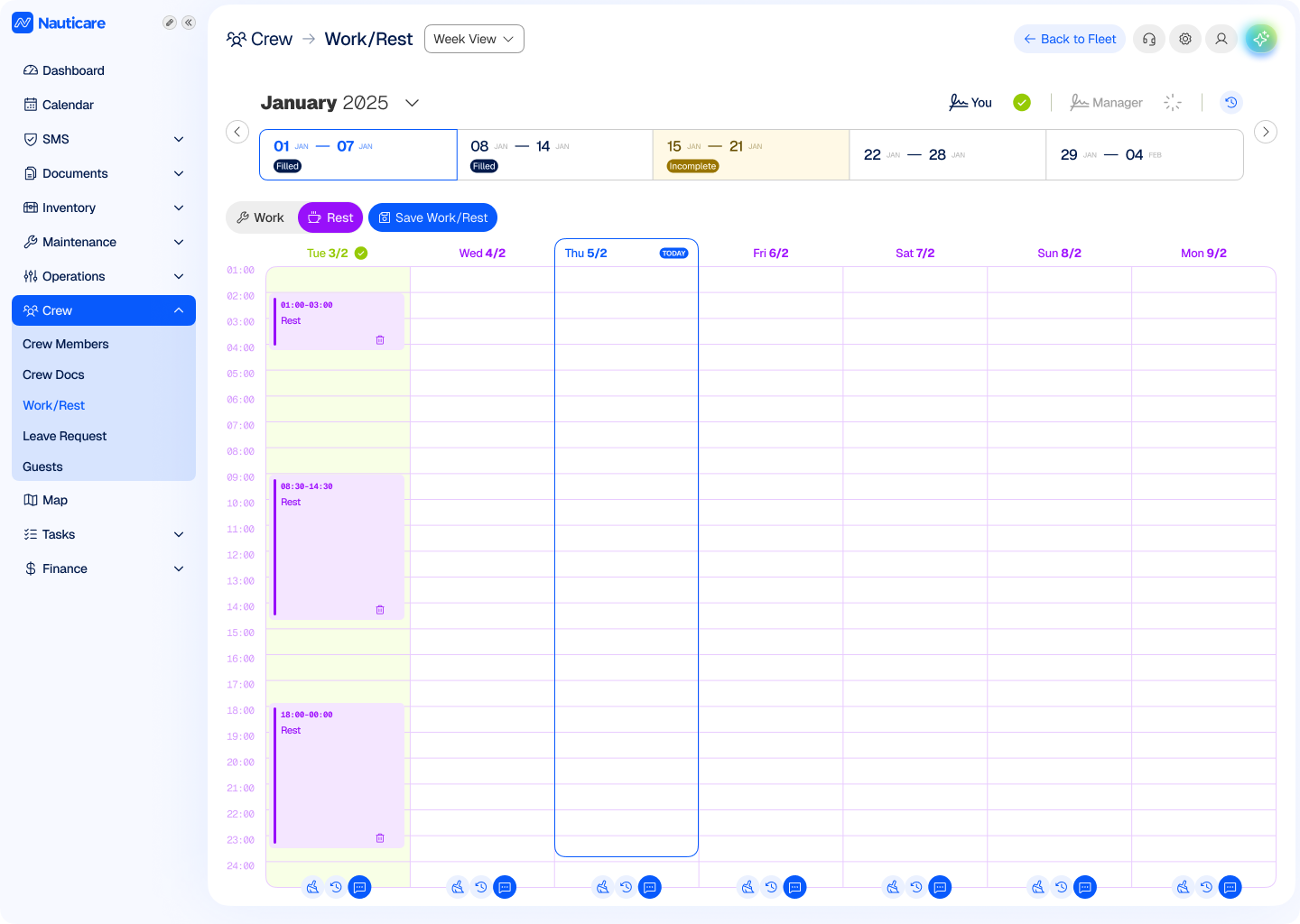 Work and rest hours log for a crew member with compliance indicators