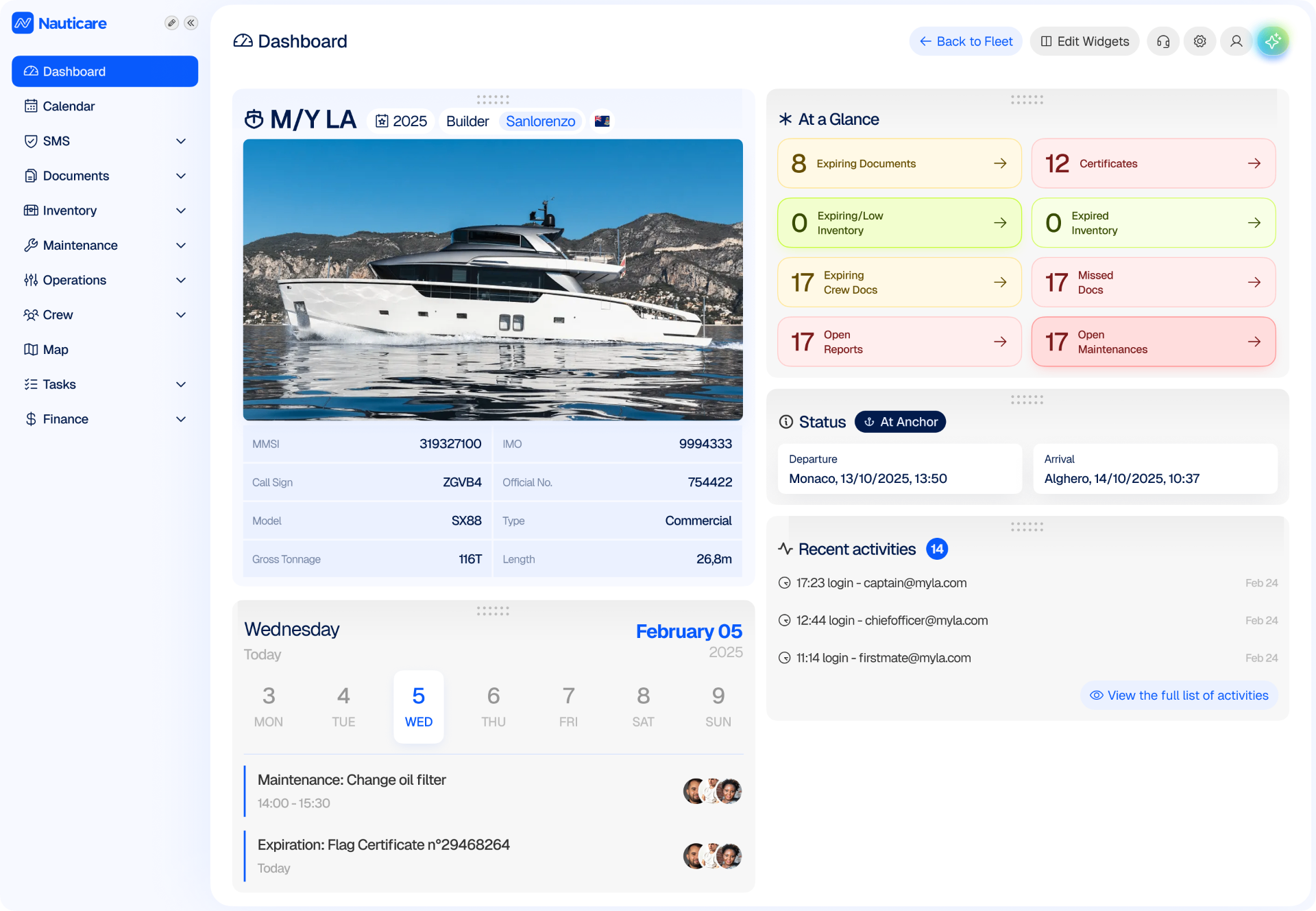 Nauticare yacht dashboard showing vessel status, maintenance calendar, expiring documents, crew activity, and compliance tracking at a glance