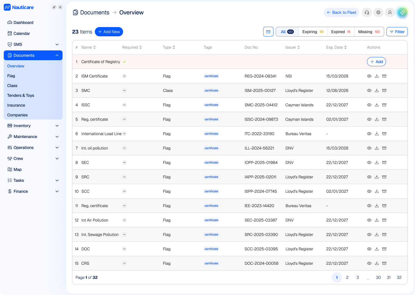 Vessel document library organised into customisable categories with expiry dates