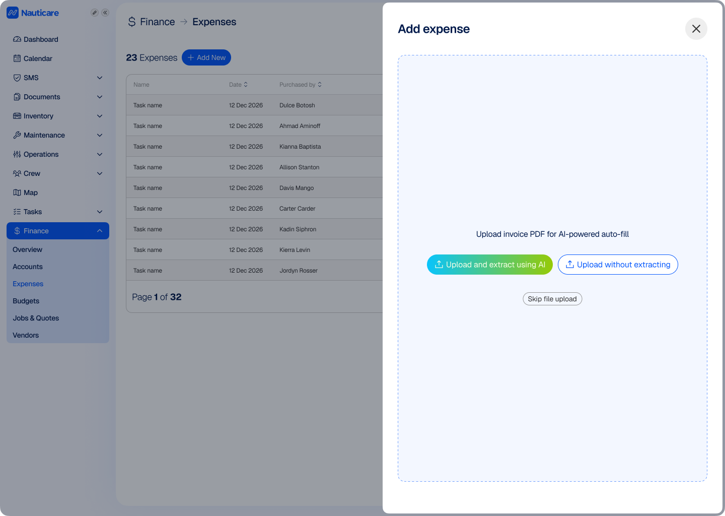 Expense log with categories, currencies and receipts extracted by AI