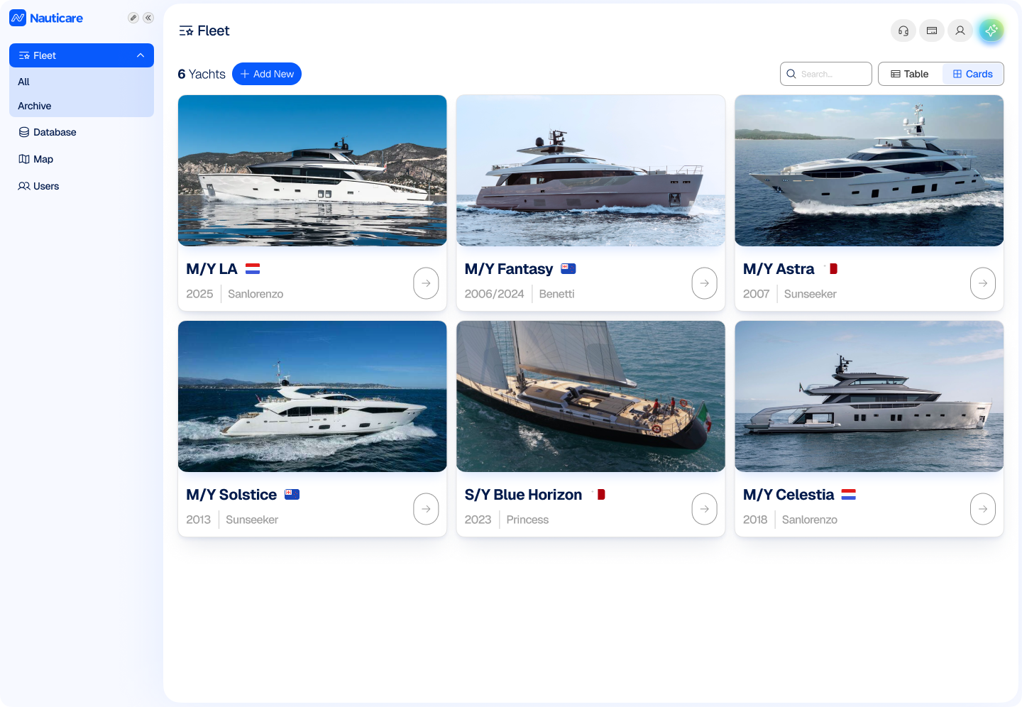 Nauticare fleet management portal displaying yacht cards with vessel details, flags, and builders for centralized yacht fleet management