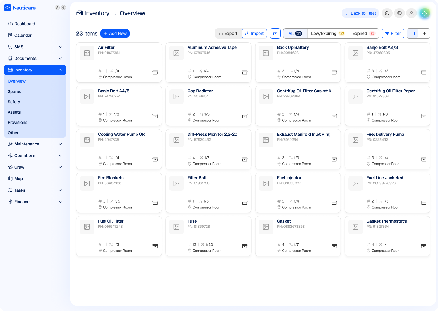 Onboard inventory and spare parts list with quantities, locations and values
