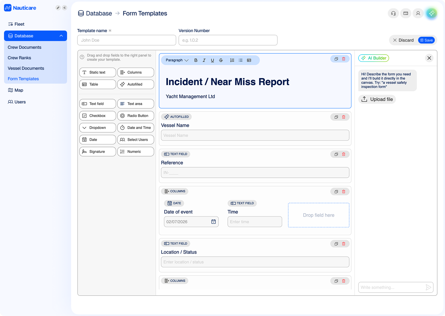 ISM form builder showing an AI-generated digital incident and near-miss report template