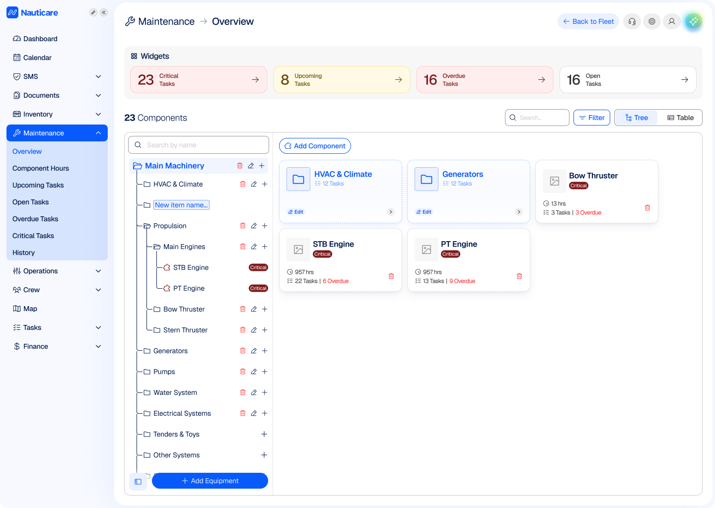 Planned maintenance system overview with equipment, components and due tasks