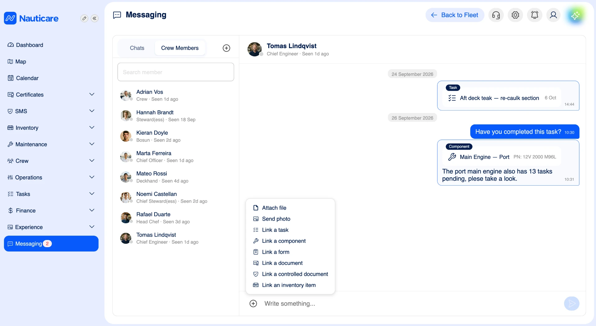 Direct message with a crew member and options to link tasks, components, forms and documents