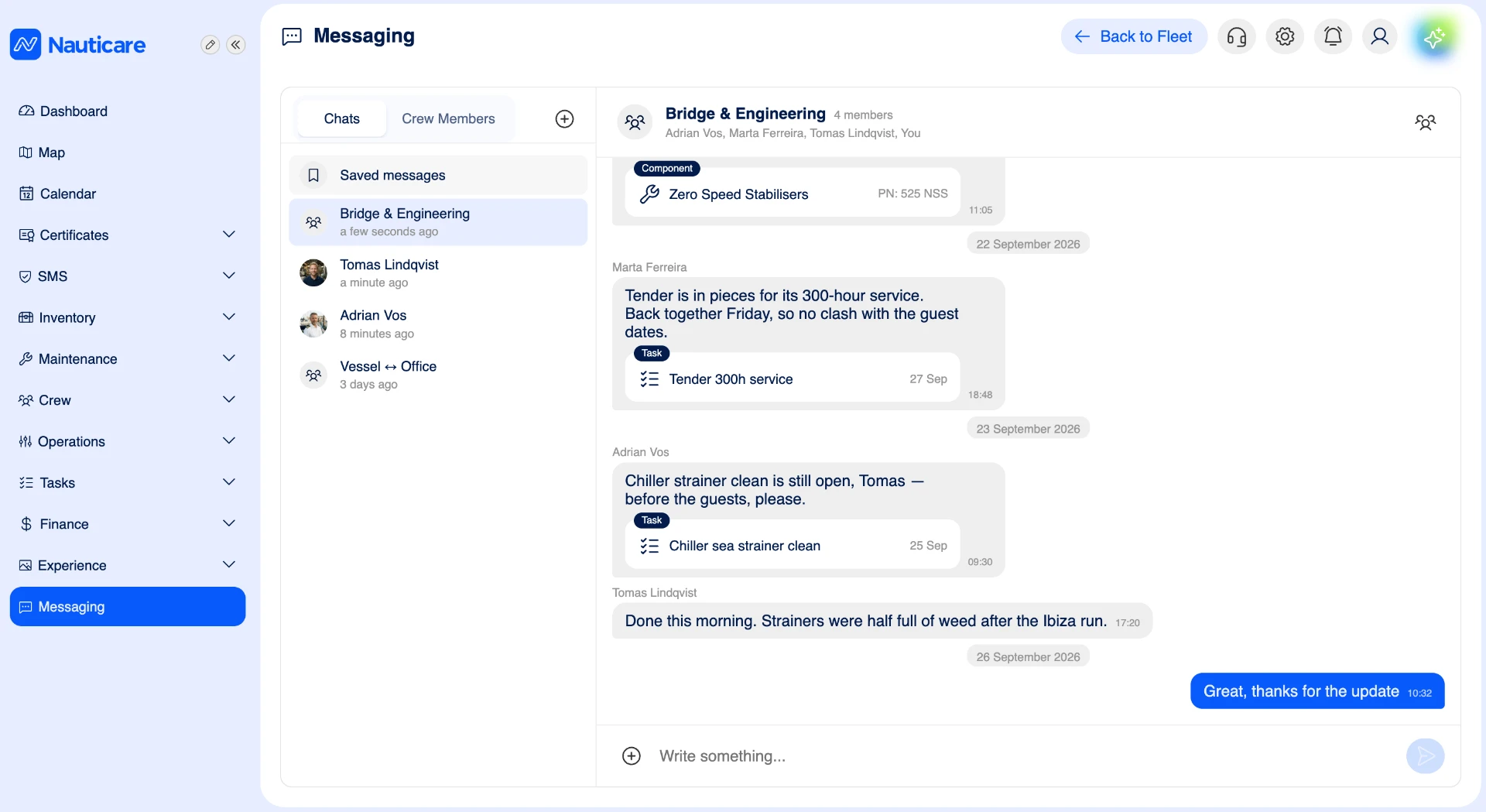 Group chat between bridge and engineering with shared task and component cards