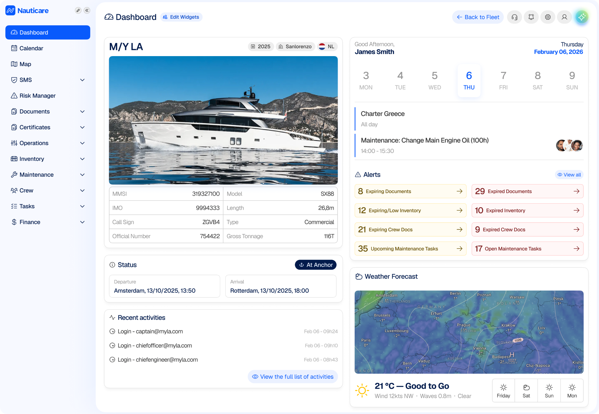 Nauticare yacht dashboard with vessel status, maintenance calendar, expiring documents and crew activity